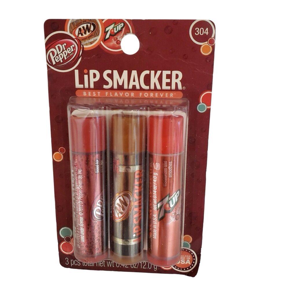 Lip Smacker Lip Balm Trio Dr. Pepper 7UP A &W Root Beer 3 Pack New In Box 304